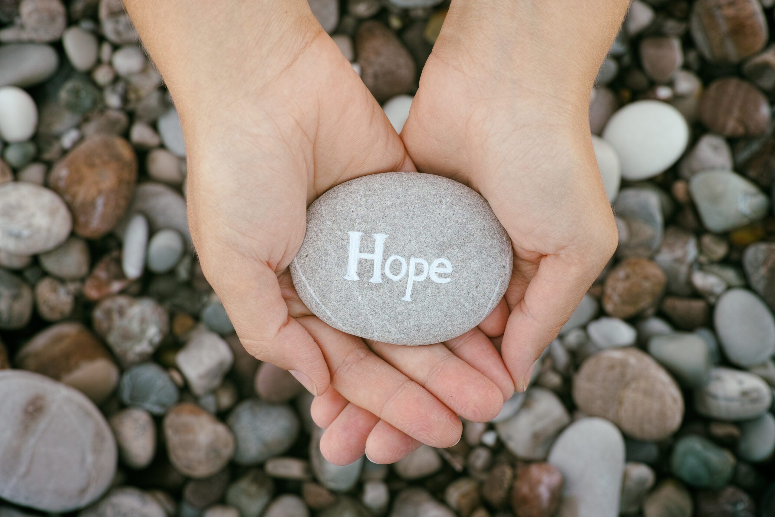 Hands holding a rock that says "Hope"